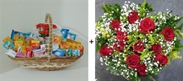 Dueto Amor (Cesta de café manhã 40 itens + Bouquet 12 rosas vermelhas)